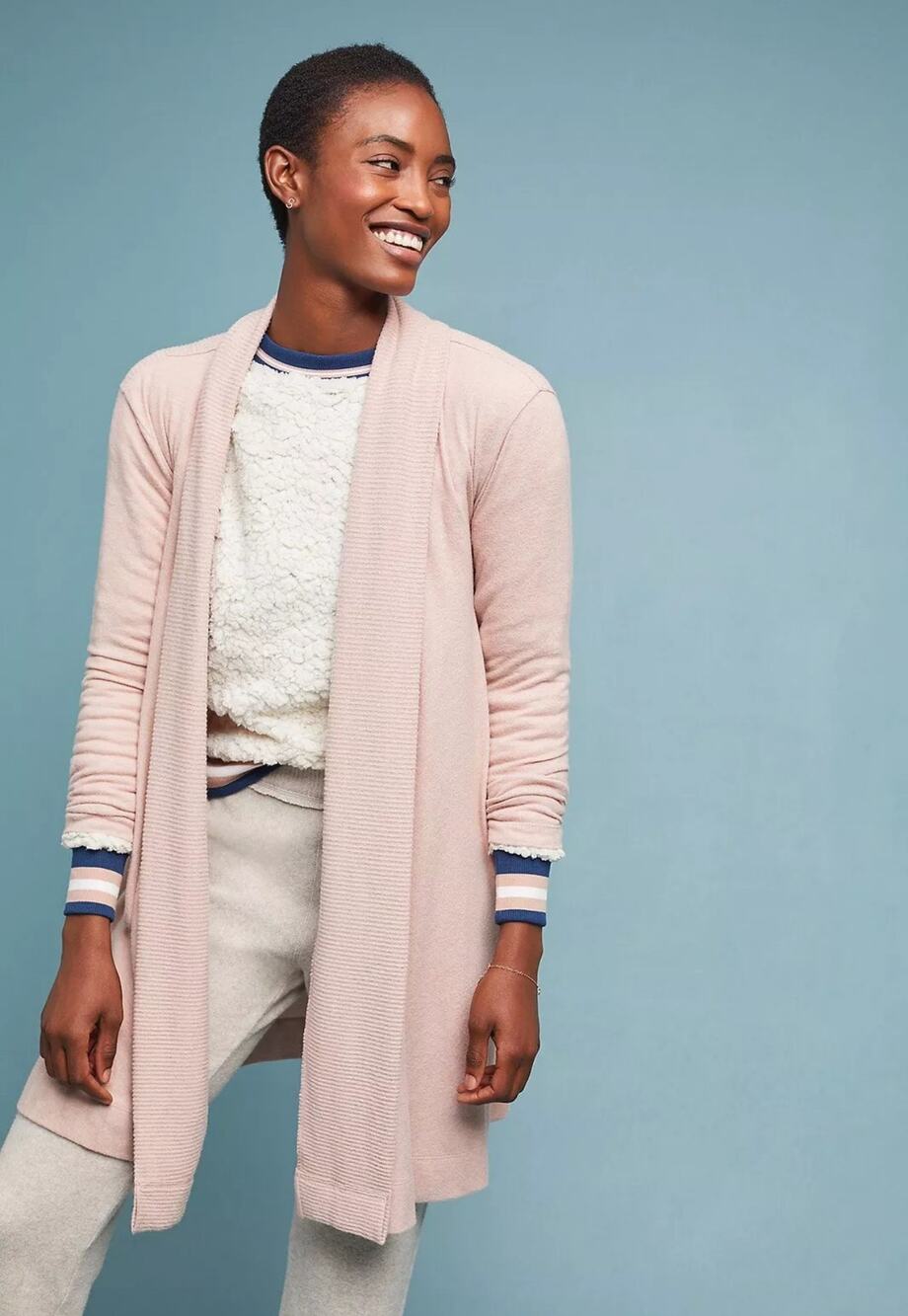 Anthropologie COA Cozy Brushed Fleece Cardigan Sweater Blush Pink
